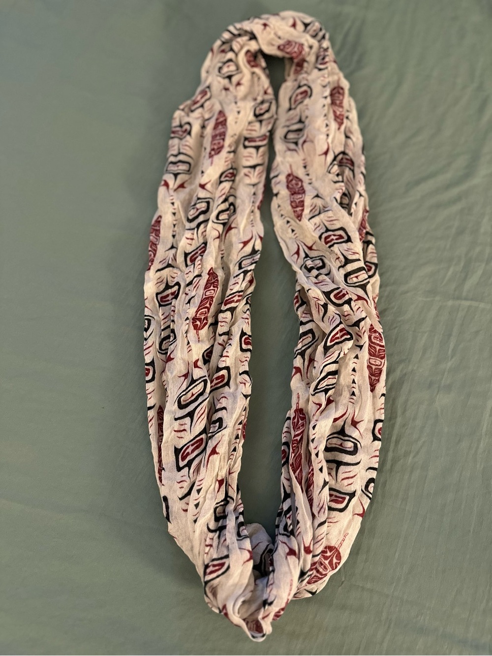 Native Northwest Lightweight White Infinity Scarf with Red & Black Pattern